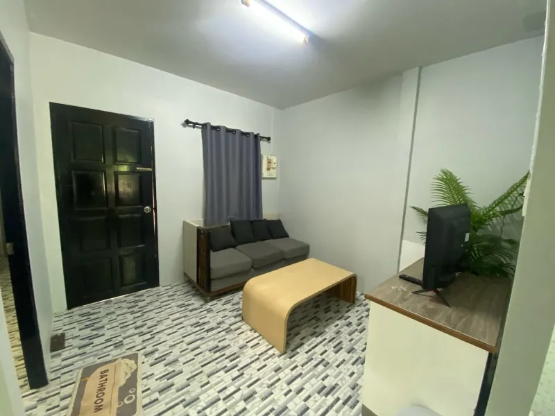The living room of the private house, with a three-seat sofa, a low table and a television.